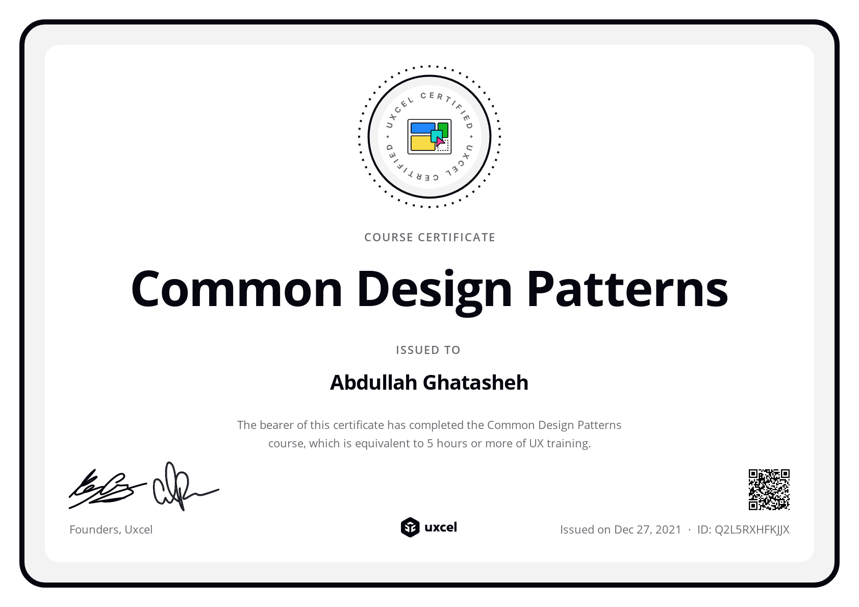 Abdullah Ghatasheh's certificate